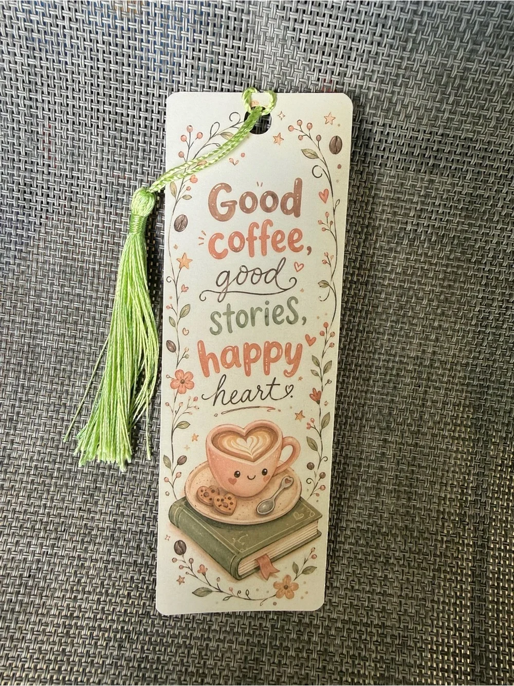 Good Coffee Happy Heart Decorative Bookmark with Green Tassel